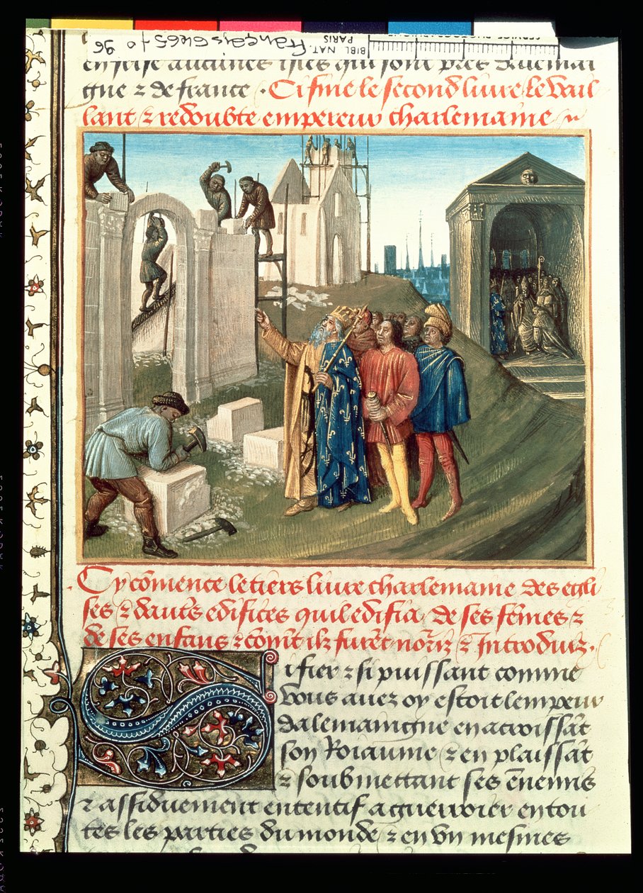 Fr 6465 f.96 Az Aix La Chapelle-i templom építése, Charlemagne (742-814) alkotó: French School