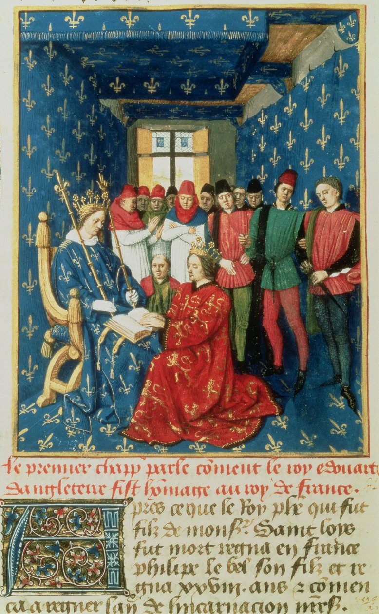 Fr 6465 fol.301v I. Edward (1239-1307) tiszteleg Franciaország királya, Philippe IV le Bel (1268-1314) előtt az Aquitániai Hercegségért alkotó: French School