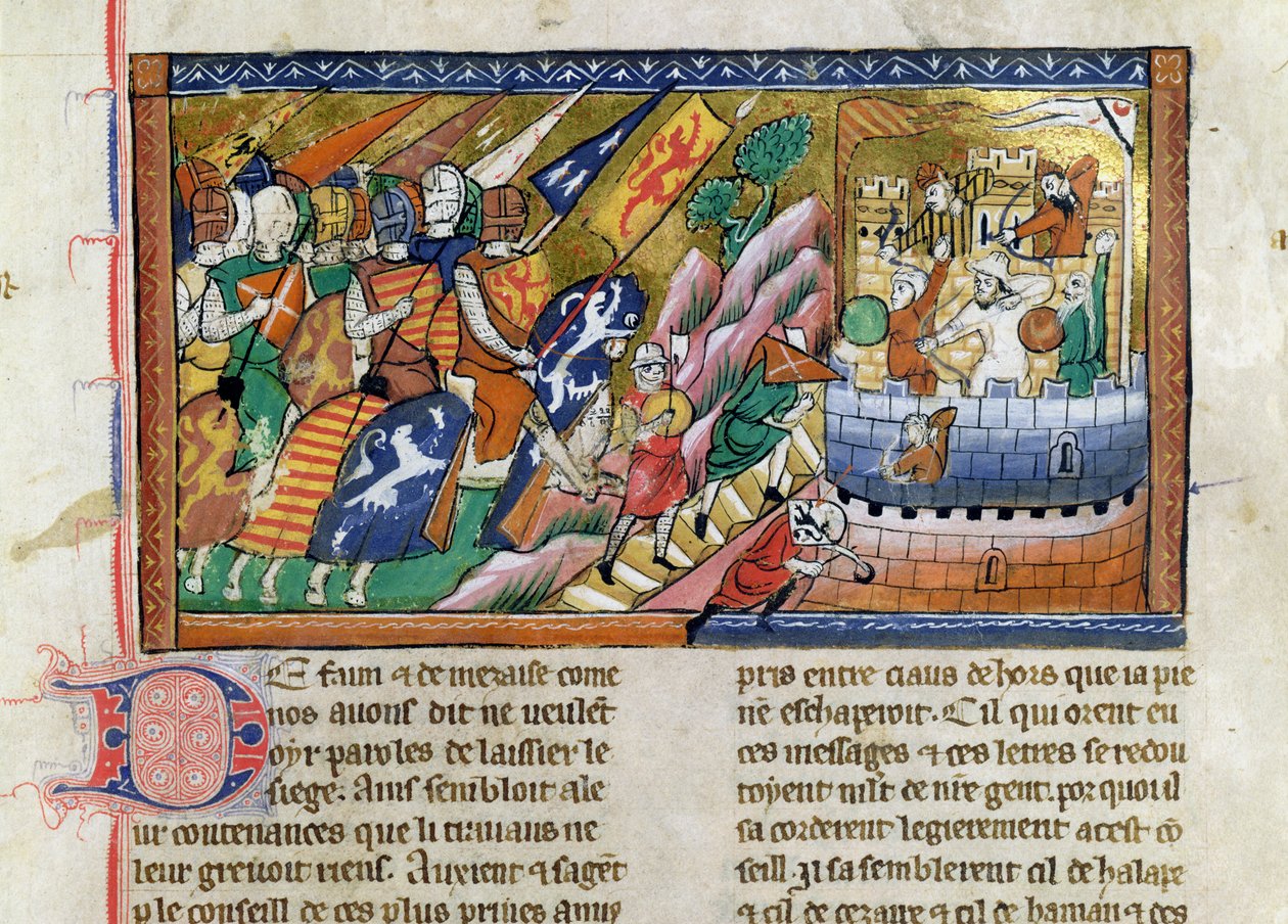 Fr 9084 f.53 Egy várat támadó angol hadsereg, a "Chronique de Guillaume de Tyr"-ből (pergamen) alkotó: French School