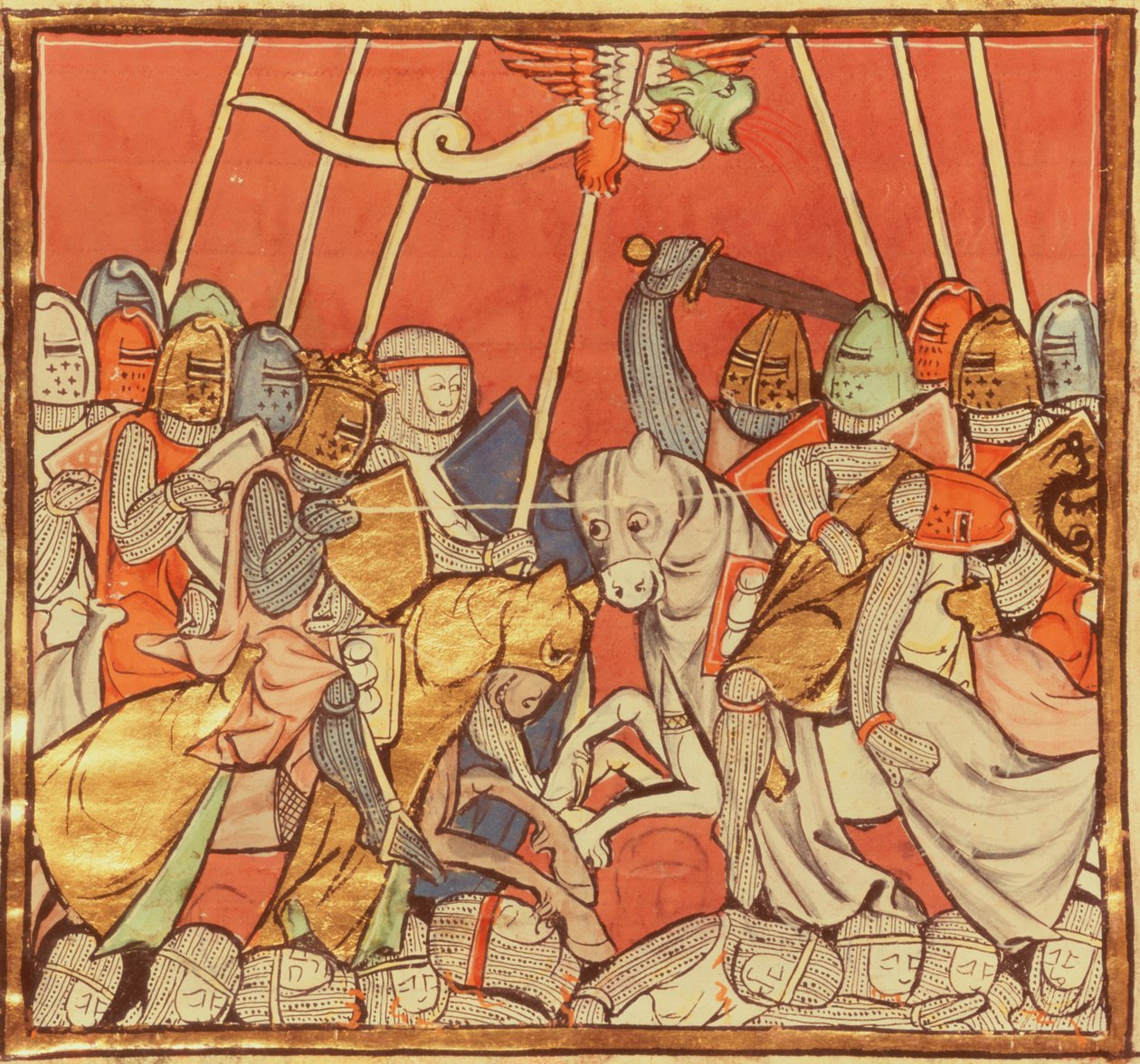 Fr 95 fol.173v A bedigrani csata, a Merlin története, 1280-90 körül alkotó: French School
