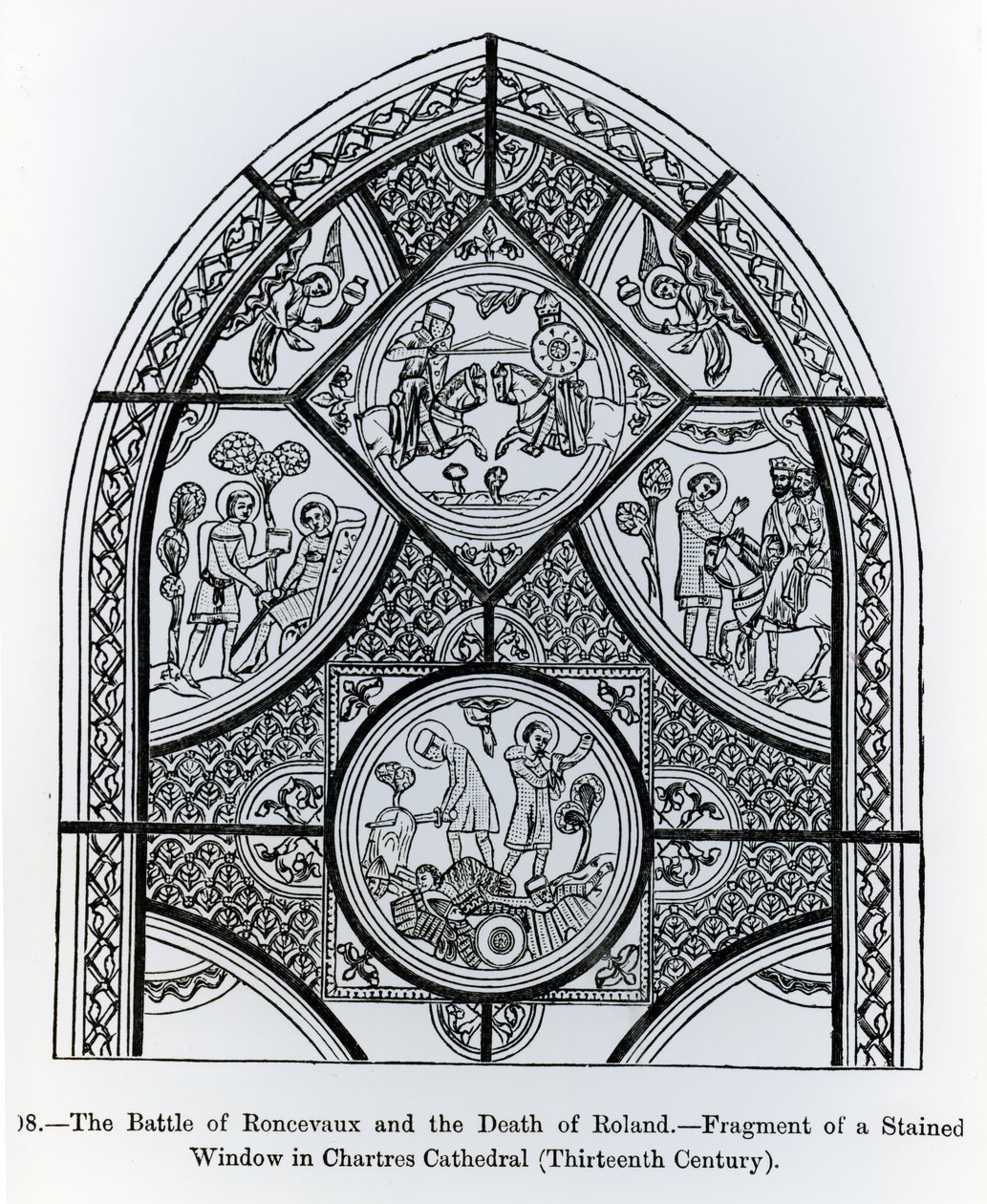 Egy ólomüveg ablak töredéke a Chartres-i katedrálisban, a roncevaux-i csatát és Roland halálát ábrázolja, illusztráció a Középkori és a reneszánsz tudomány és irodalomból, író alkotó: French School