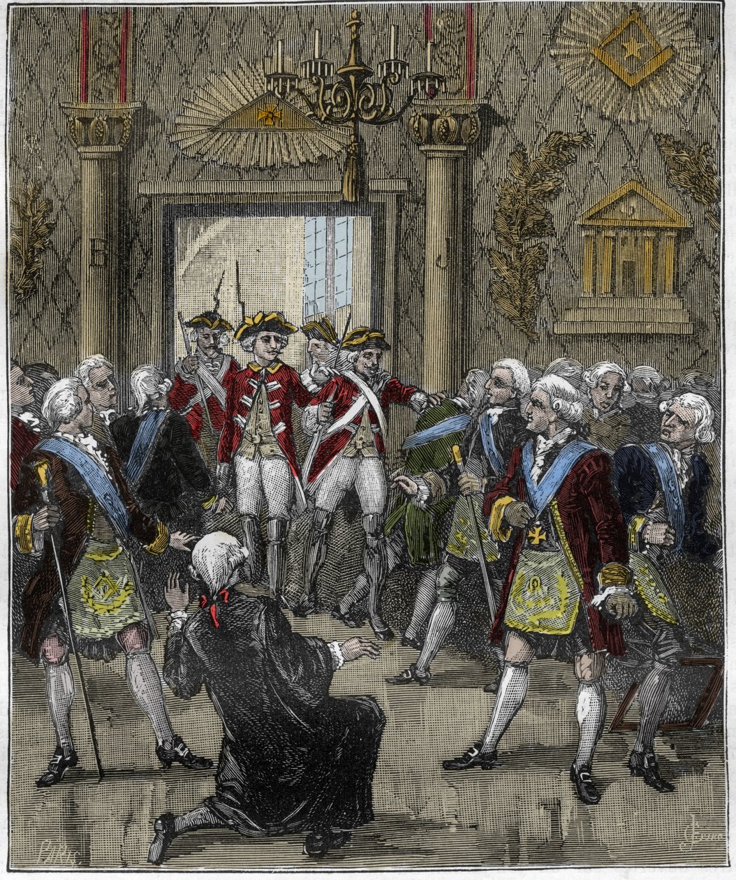Franc-Maconnerie (Franc Maconnerie) a párizsi Hotel de Soissonban 1745 júniusában: a franco-macon szertartást megszakította egy rendőrbiztos érkezése. Metszet „Párizsban az évszázadok során”, Gourdon de Kenouillac 1880. alkotó: French School