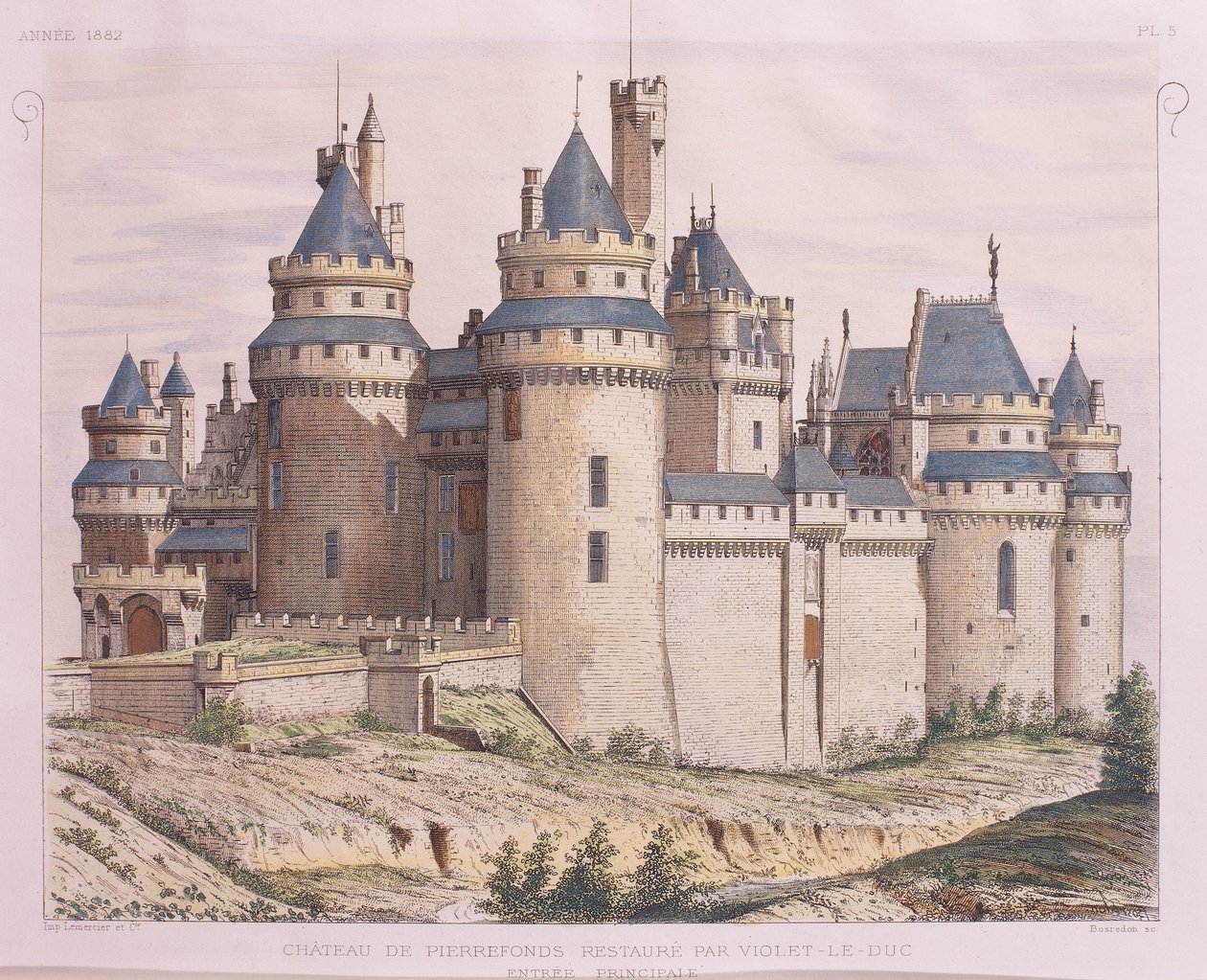 Franciaország, Pierrefonds középkori kastélya, Violet le Duc restaurálta a Moniteur des Architectes-től, metszet alkotó: French School
