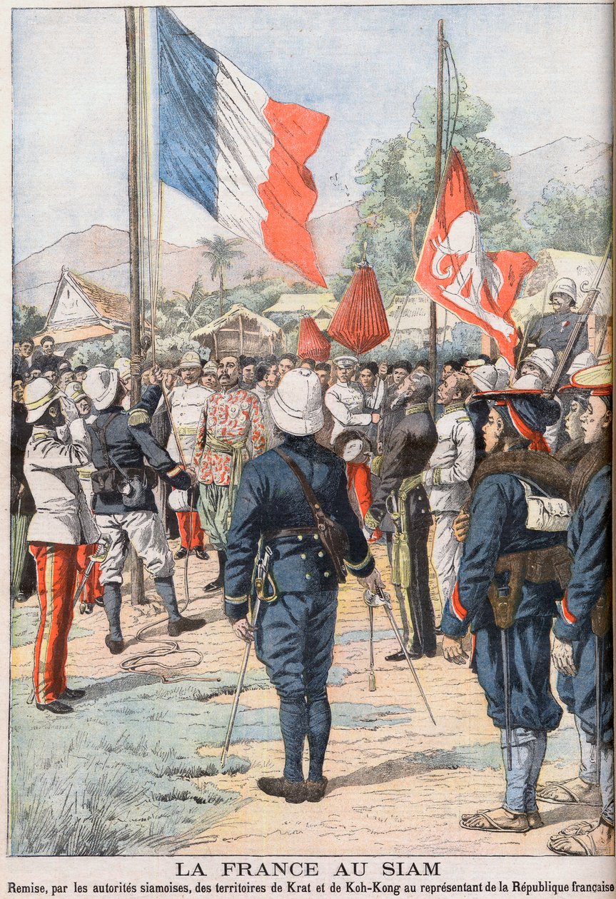 Franciaország a sziámiak és a franciák között 1904-ben megkötött szerződés után átveszi Krat és Koh-Kong területét, illusztráció a „Le Petit Journal” 1905. februári könyvéből (metszet) alkotó: French School