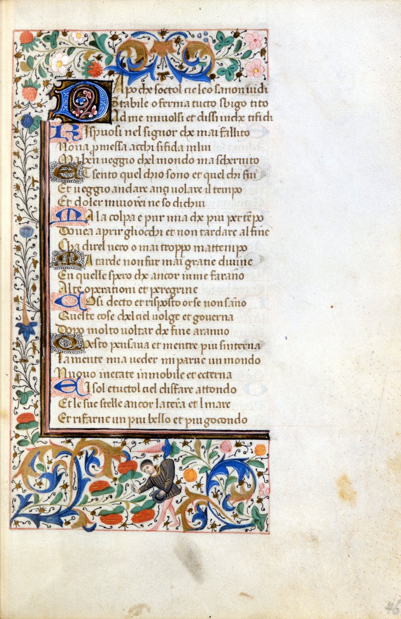 Francesco Petrarca (Petrarca): incipitum a 14. századi francia iskola illuminált kéziratából. Városi Bibl. Riminiből. alkotó: French School