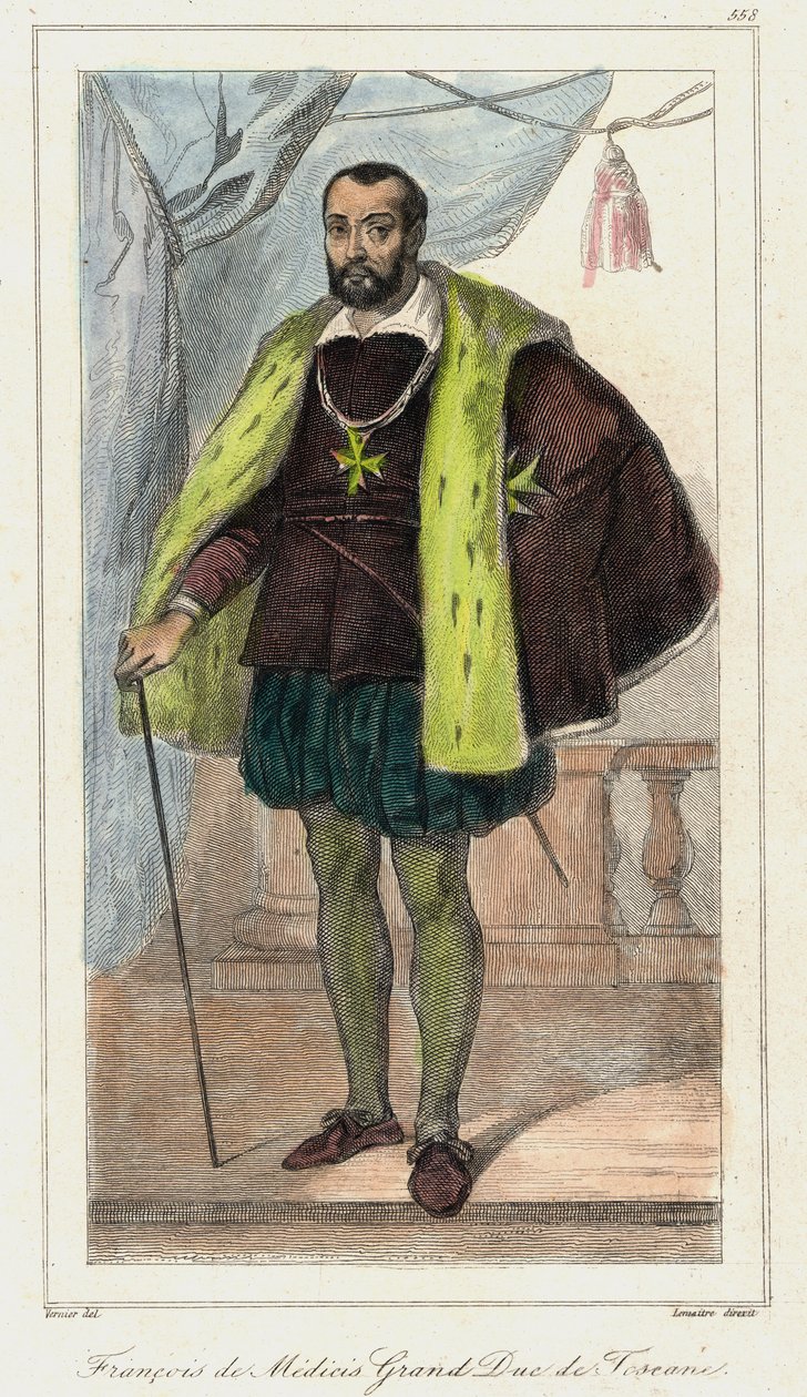 Francesco de Medici (Francis de Medicis), Toszkána nagyhercege (1541-1587), Medici Mária apja. Metszet 19. század. alkotó: French School