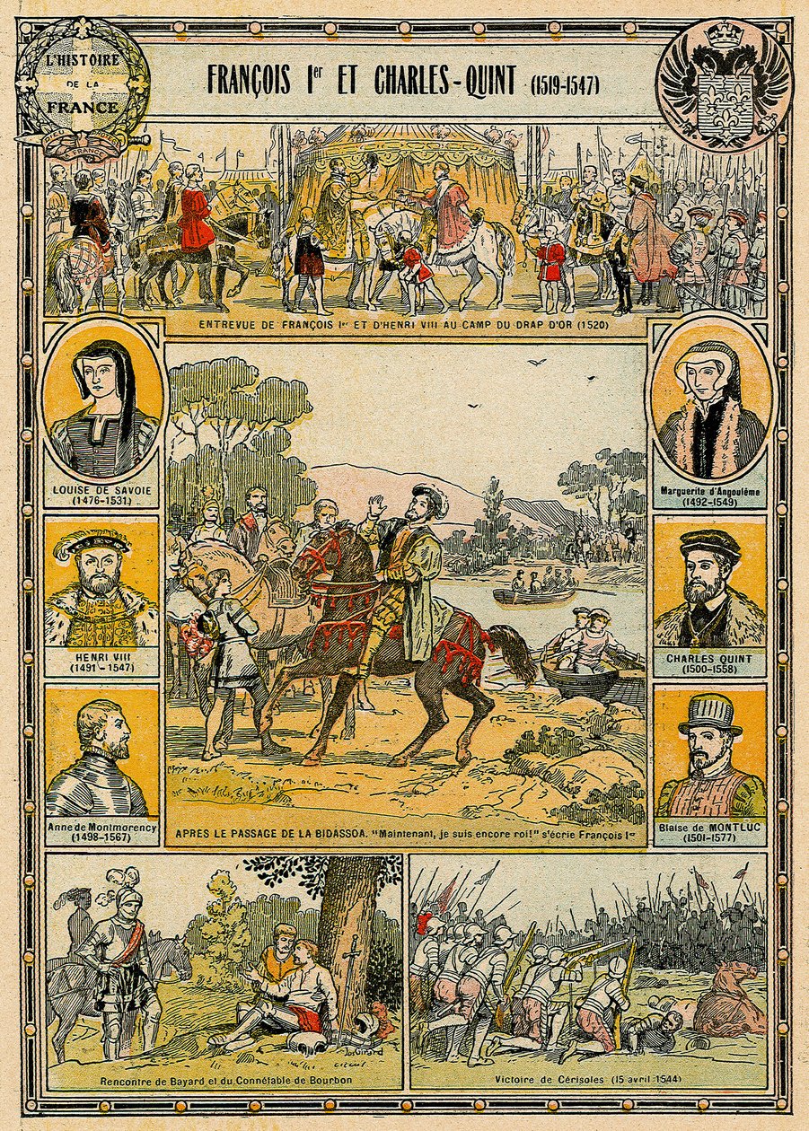 I. Ferenc francia és V. Károly, római római császár, illusztráció a "Histoire de France"-ból alkotó: French School