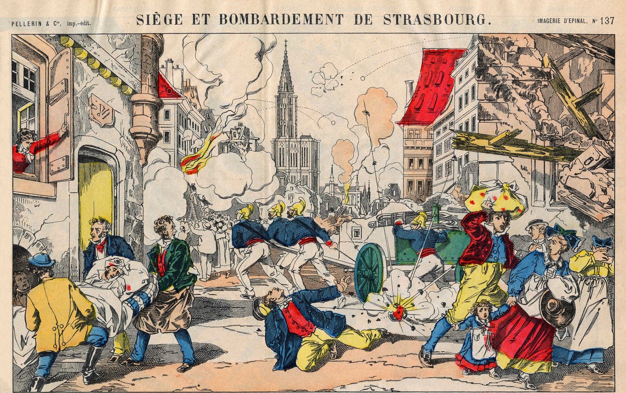 A francia porosz háború (1870-1871) 1871. augusztus 23-án bombázták Strasbourgot, és szeptember 28-án kellett megadni magát. Epinális képalkotás alkotó: French School