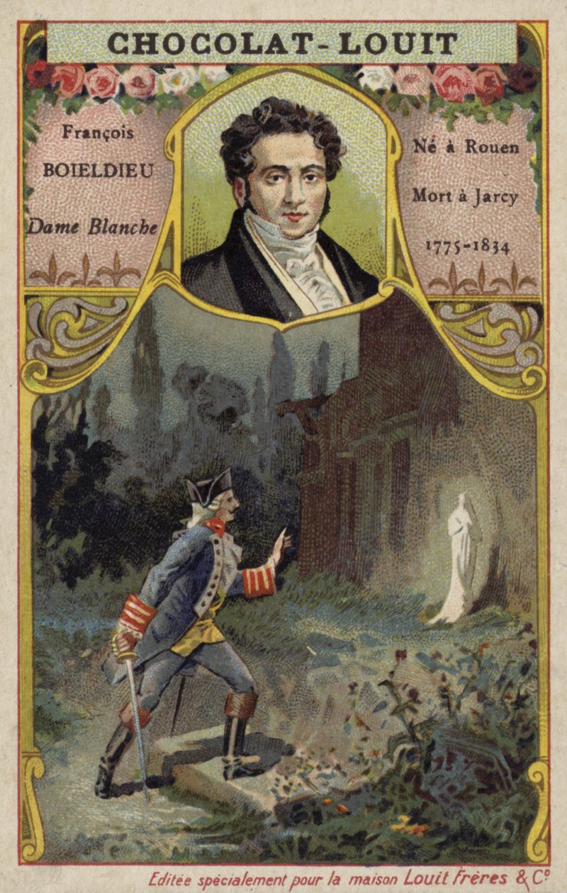 Francois-Adrien Boieldieu francia zeneszerző és a La Dame Blanche című operájának egy jelenete (kromolito). alkotó: French School
