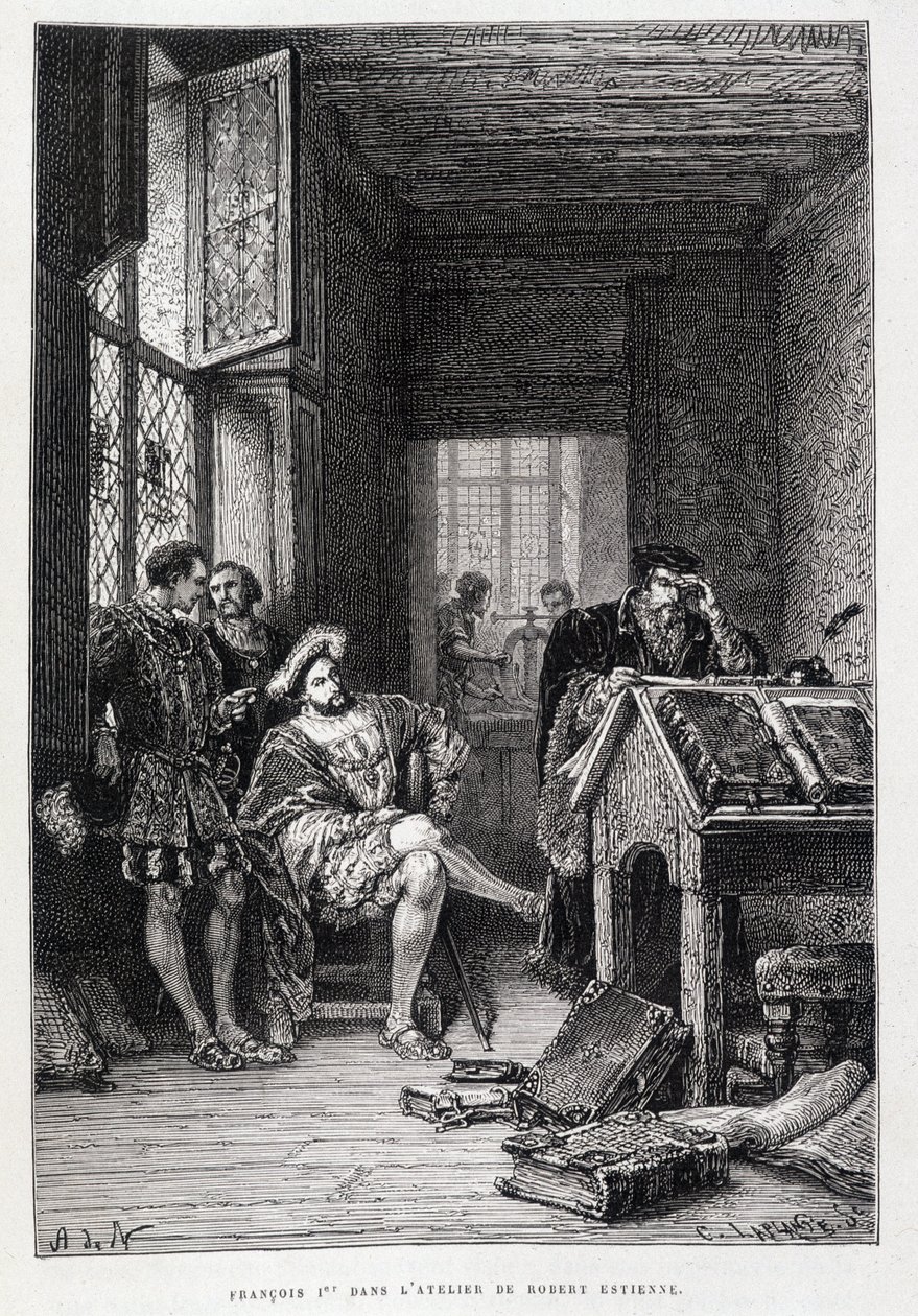Francois 1st Robert Estienne stúdiójában - metszet alkotó: French School