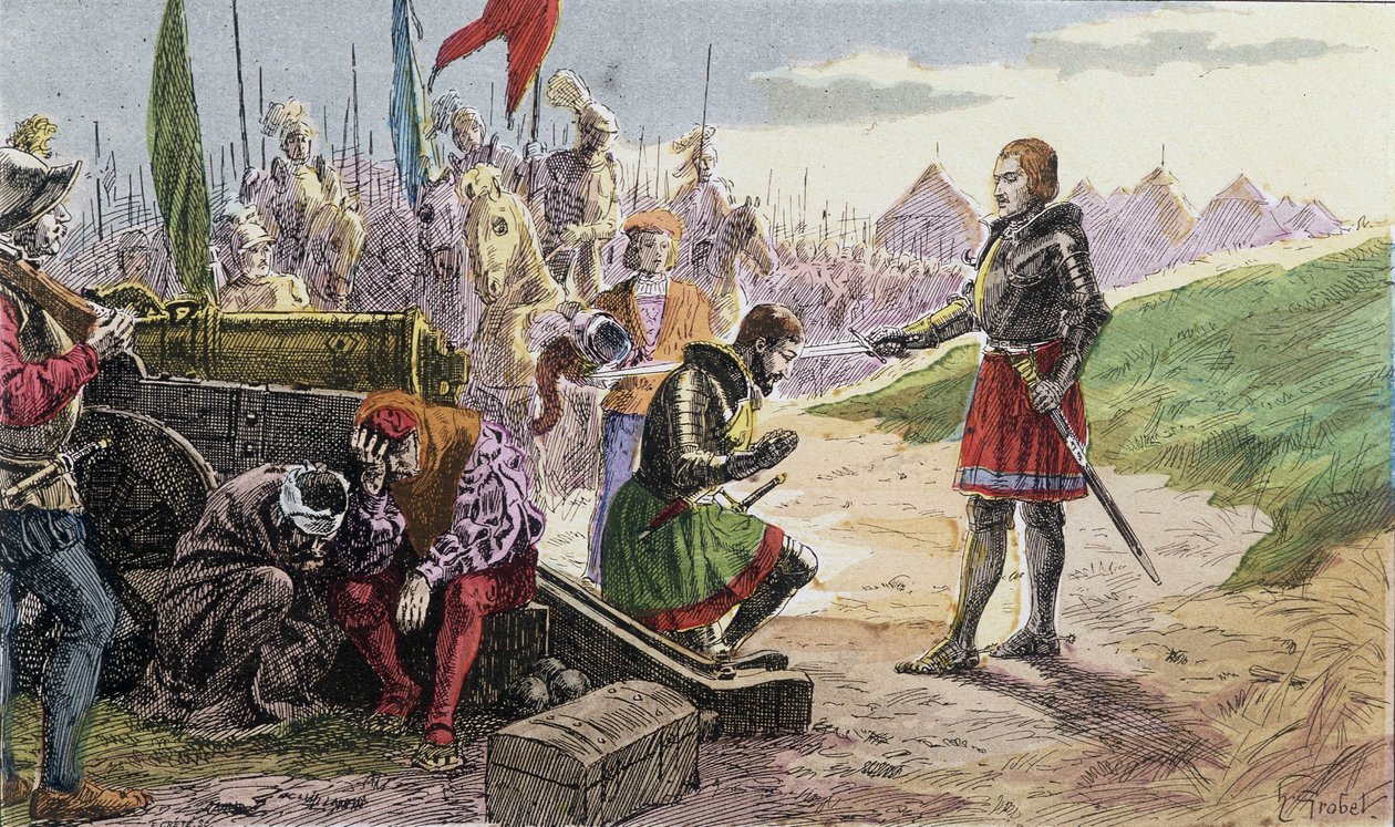 Francois 1st, Bayard Chevalier fegyvere, Marignanban - 19. századi illusztráció. alkotó: French School