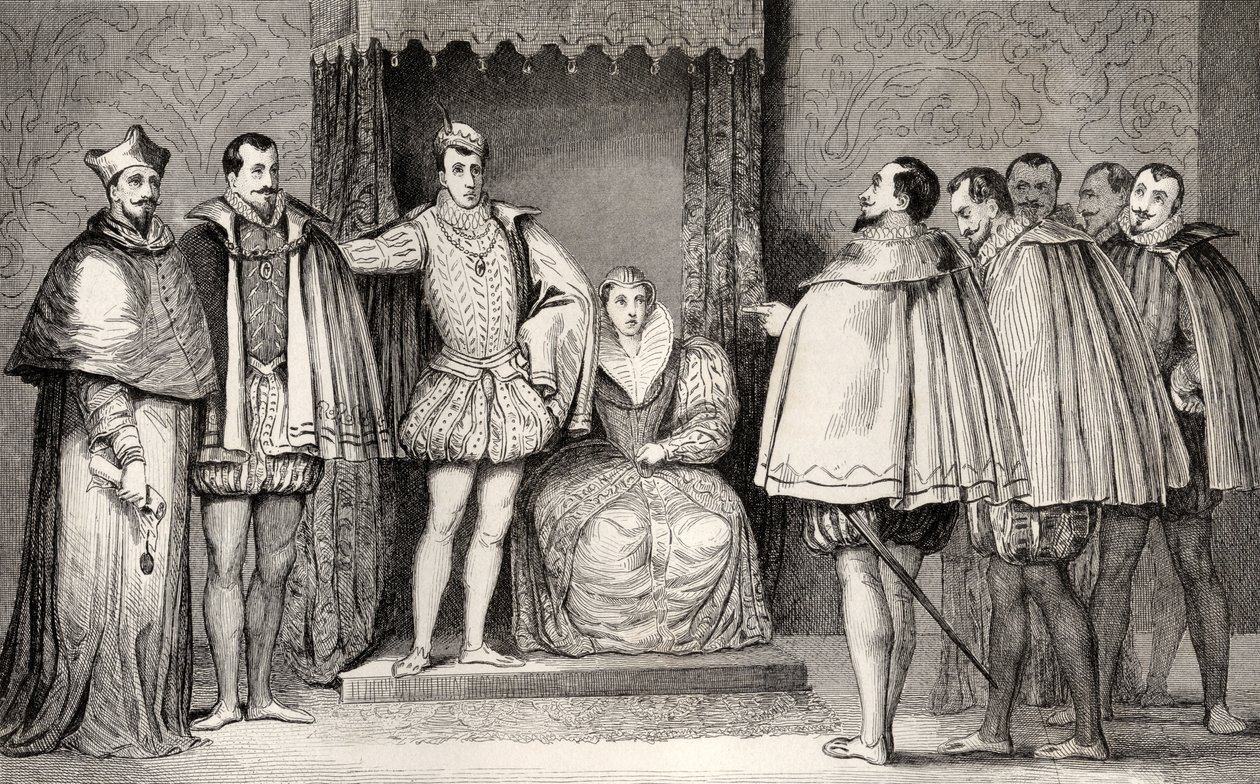 II. Francois (1544-60) azt mondja a parlamenti képviselőknek, hogy Guise hercege és a bíboros fogja irányítani az államot Colart „Histoire de France” című művéből, amely 1840 körül jelent meg. alkotó: French School