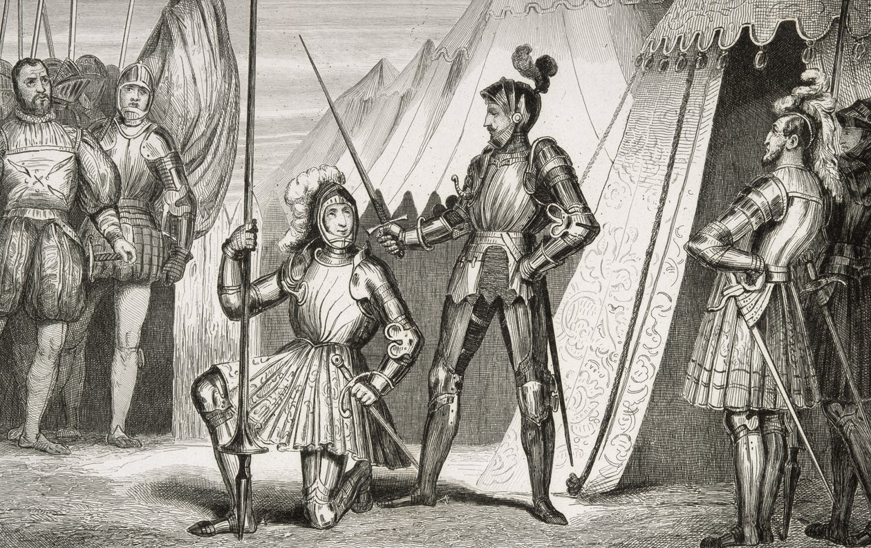 I. Francois (1494-1547) Bayard kapitány által a marignánói csata után lovaggá ütötte Colart „Histoire de France” című művéből, 1840 körül. alkotó: French School
