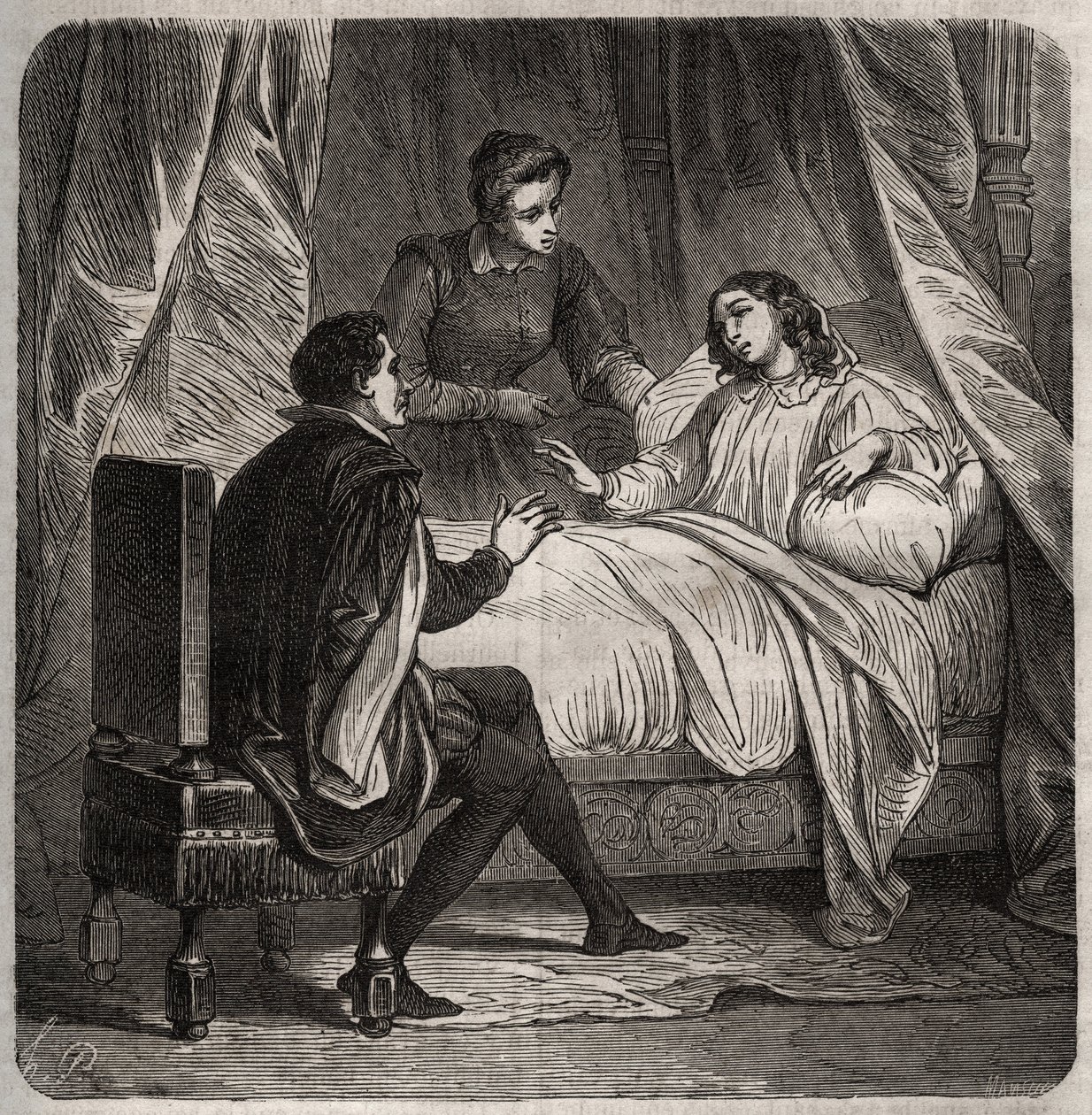 Francoise de Foix, Chateaubriant grófnője (kb. 1495-1537), beteg, ágyban fogadja Clement des Marets dit Marot (1496-1544), 1. Francois inasát. Metszet 1871-ből Henry de Kock (1819-1892) „Histoire Des Cocus Celebres” c. alkotó: French School