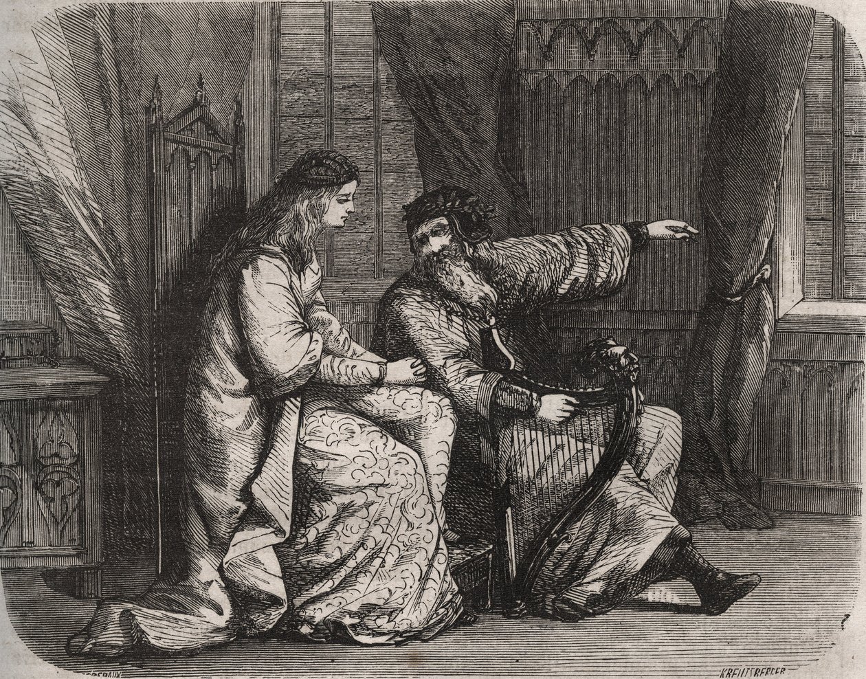 Fredegonde (545-597) aggodalmait Barbantini hárfásnak bízza, mert szerelme, Chilperic (akkor még I. Chilperic frankok királya (543-597)) nem vette feleségül. 565. Metszet 1871-ből a „Histoire Des Cocuses Celebres” c. Henry de Kock (1819-1892) alkotó: French School