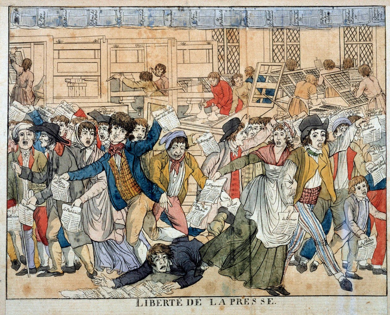 Sajtószabadság a francia forradalom idején: Az Emberi Jogok Nyilatkozatának 10. cikke (1789. augusztus 26.). A 10. cikk, amely a véleményszabadságról rendelkezik, a mindenféle sajtó anarchista megszületéséhez vezet. Metszet a 18. századból alkotó: French School