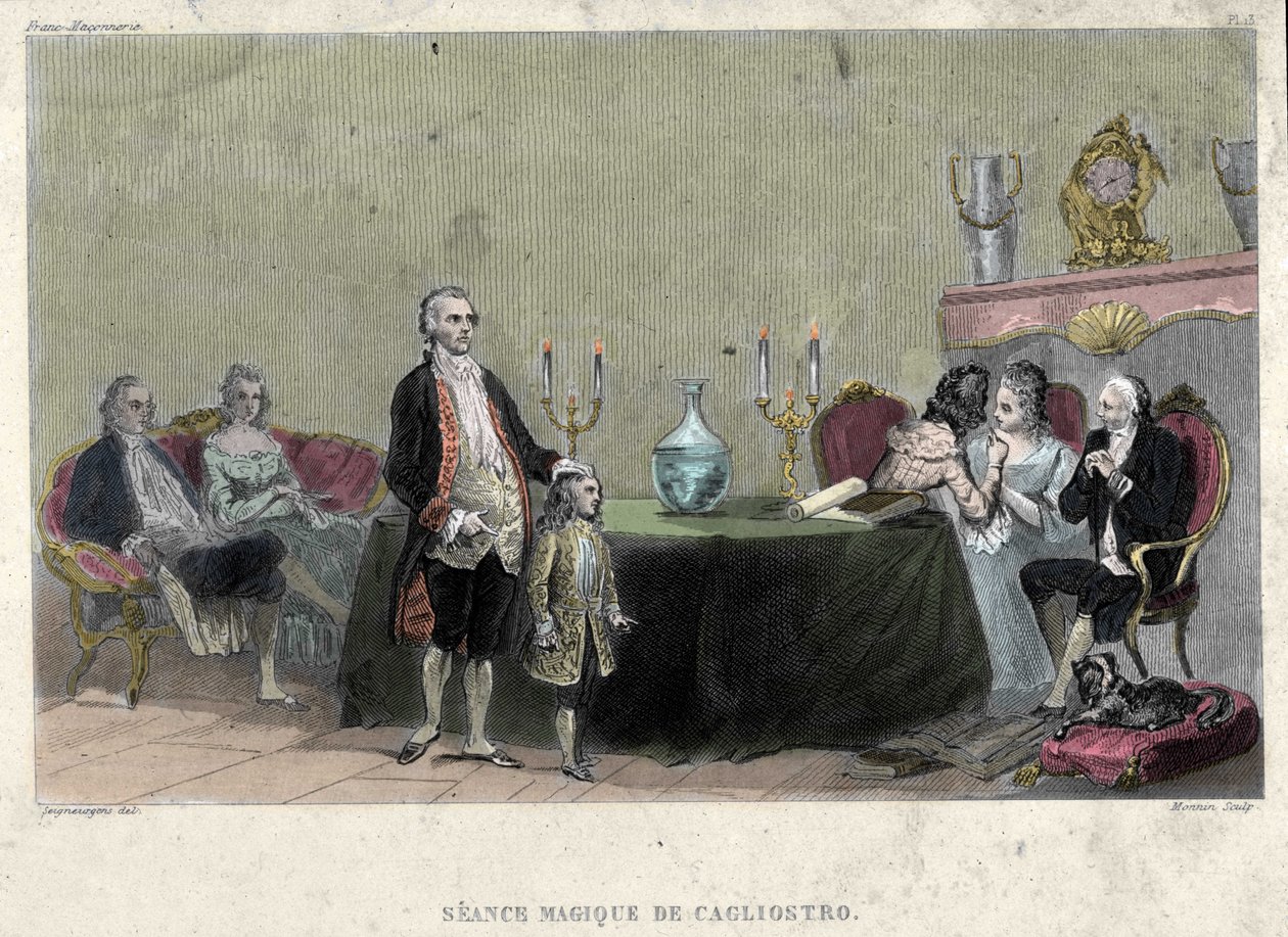 Freemaking: Giuseppe Balsamo, Sándor, Cagliostro grófja (1743 - 1795) varázslatos szeánsza. Metszet a „Szabadkőművesség és az ókori és modern titkos társaságok festői története” című könyvéből, F.-T. B. Clavel. Pagnerre, szerkesztő alkotó: French School