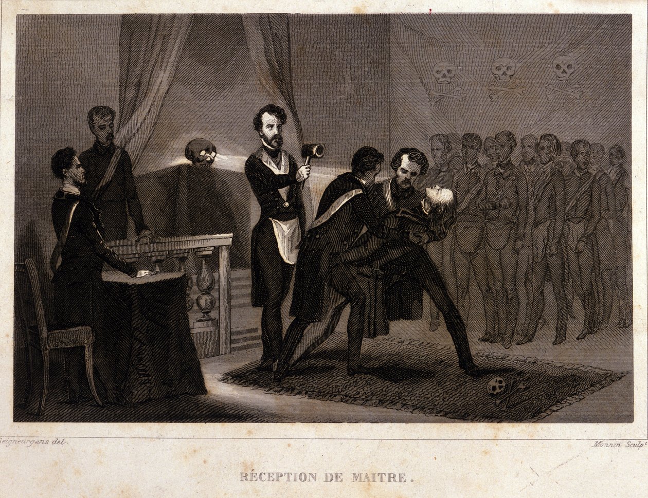 Freemaking: a Mester fogadása és beavatási rítusa. Metszet a "Picturesque Histoire de la Franc Maconnerie et des Societes Secretes antique et modernes" című könyvből, írta: F.-T. B. Clavel. Pagnerre, szerkesztő. 1843. alkotó: French School
