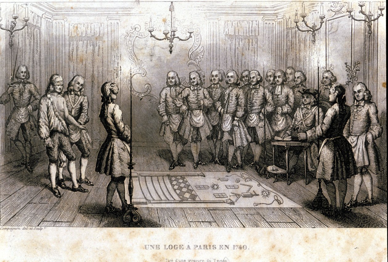 Szabadkőművesség: titkos találkozó egy párizsi páholyban 1740-ben. Metszet a „Szabadkőművesség és az ókori és modern titkos társaságok festői történetéből” F.-T. B. Clavel. Pagnere, szerkesztő. 1843. alkotó: French School