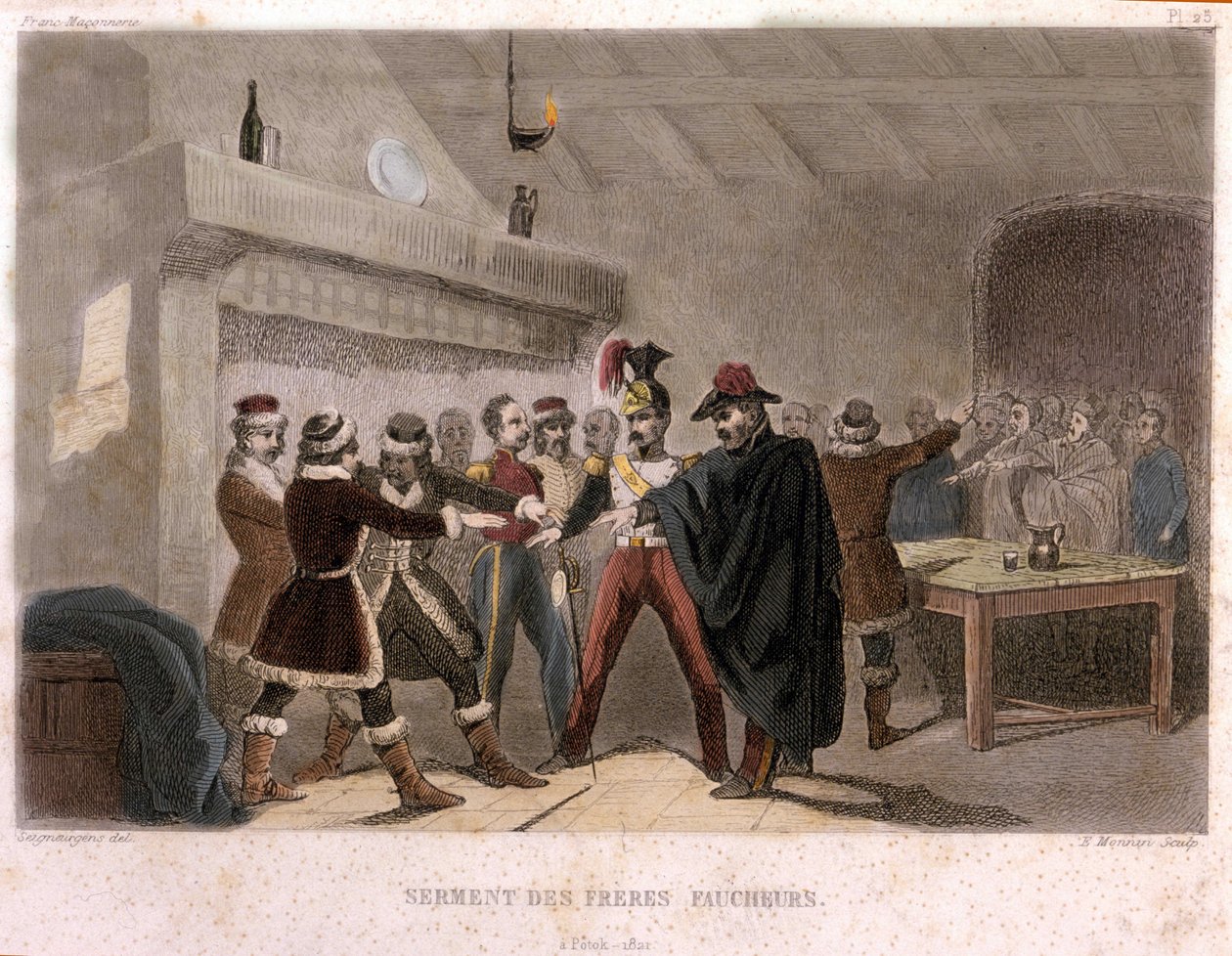 Szabadkőművesség: a potoki aratótestvérek esküje 1821-ben. Metszet a „Festői Histoire de la Franc Maconnerie et des Societes Secretes antique et moderne” című könyvéből, F.-T. B. Clavel. Pagnere, szerkesztő. 1843. alkotó: French School