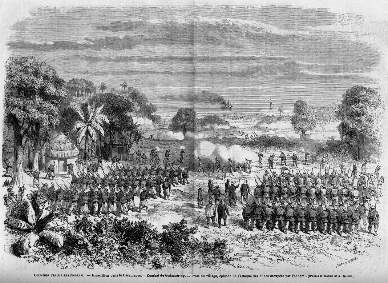 Francia gyarmatok (Szenegál) 1865: Expedíció Casamance-ban. Guimberingi csata, A falu elfoglalása, az ellenség által megszállt dűnék elleni támadás epizódja. alkotó: French School