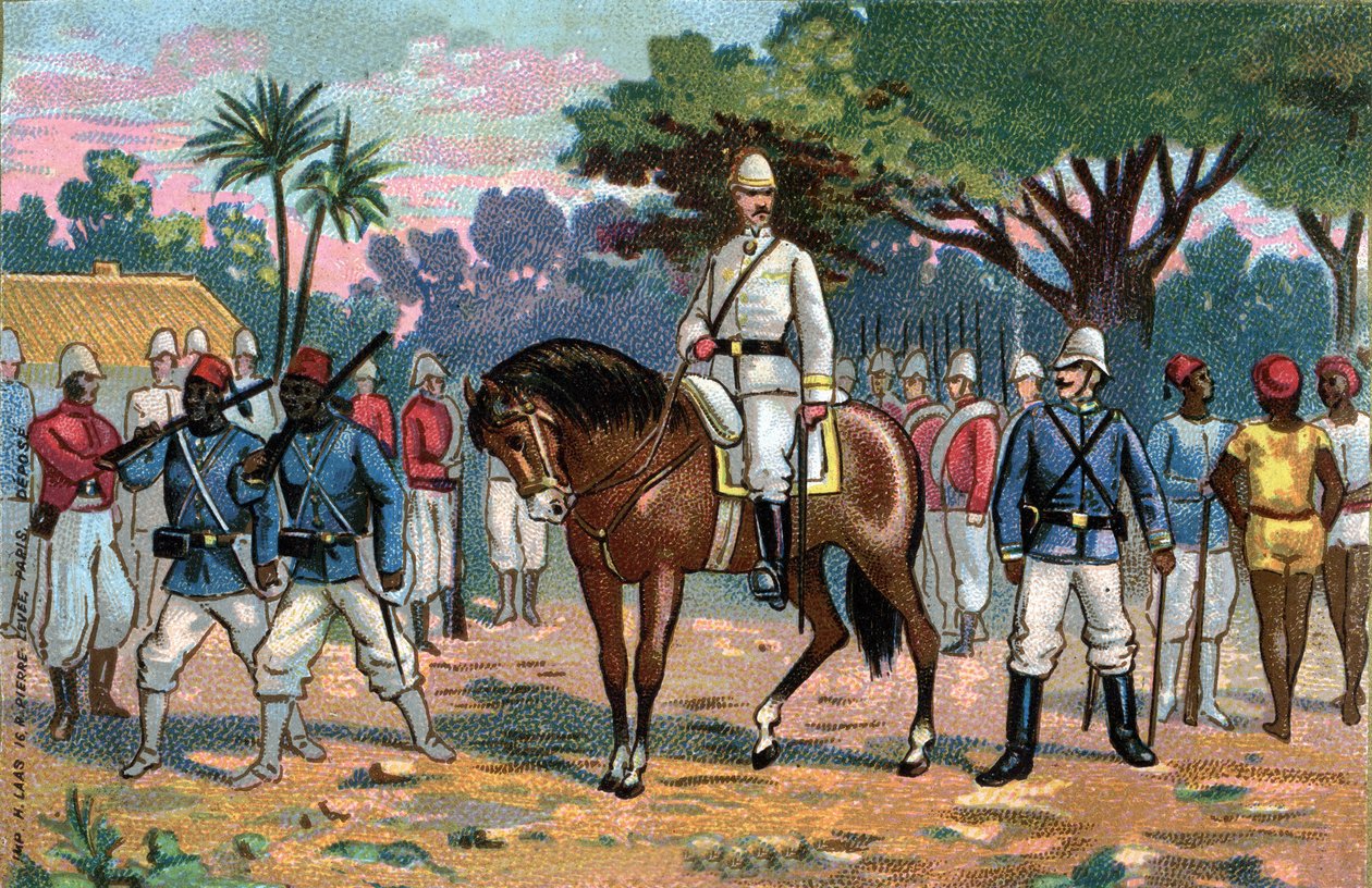 Francia expedíció Dahomey-ba: Alfred Amedee Dodds francia tábornok (1842-1922) Beninbe (Dahomey) 1892-ben. alkotó: French School