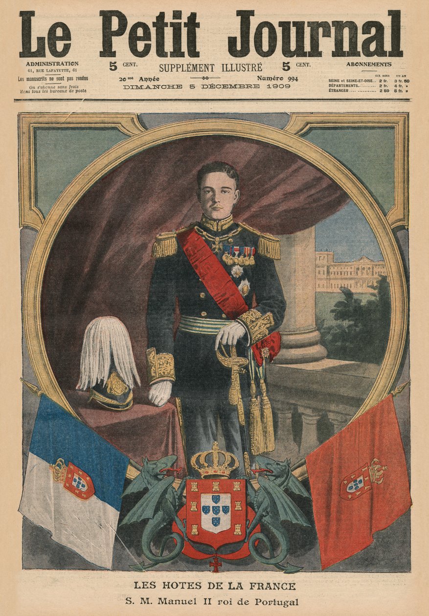 French Hosts, Őfelsége, II. Manuel, Portugália királya, a „Le Petit Journal” címlapjának illusztrációja, illustre melléklet, 1909. december 5. alkotó: French School