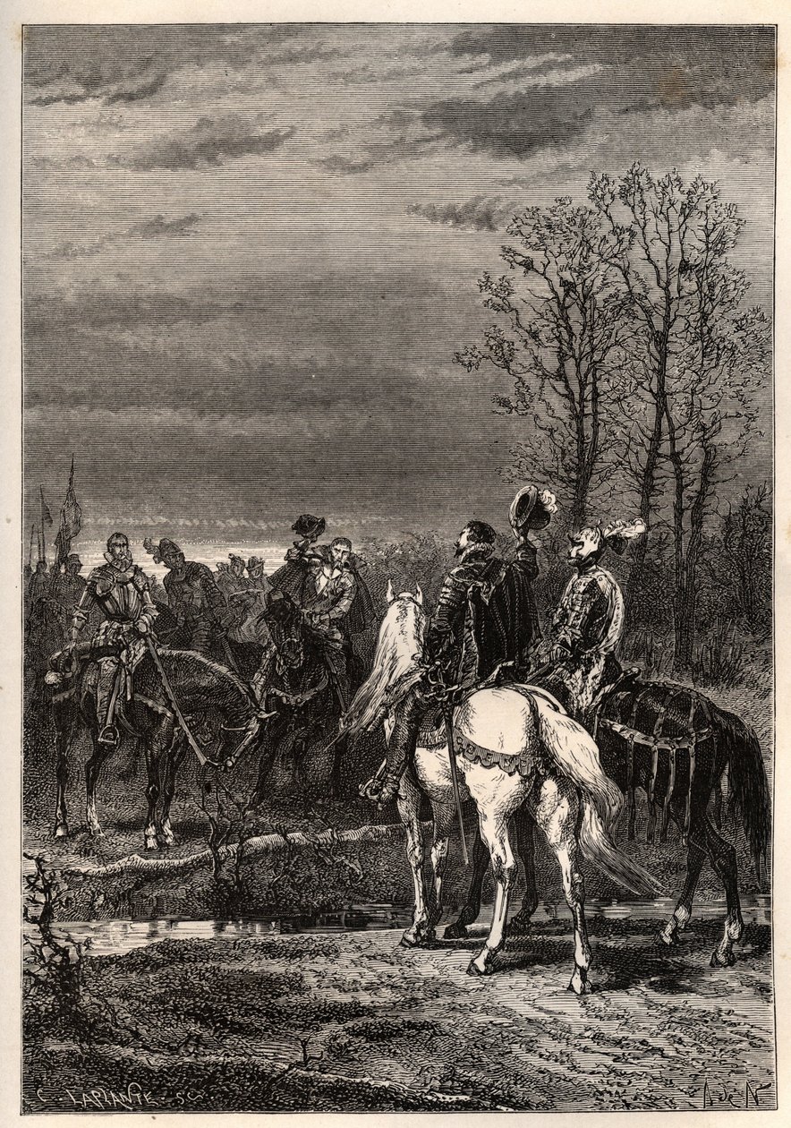 Francia vallásháborúk – 1569. október Vallásháború – A moncontouri csatát megelőző megbeszélések (Henri, Anjou hercege, III. Henrik és II. Gáspár Coligny – A moncontouri csata (1569. október) – metszet a „”-ből Franciaország története mesélte el nak nek alkotó: French School