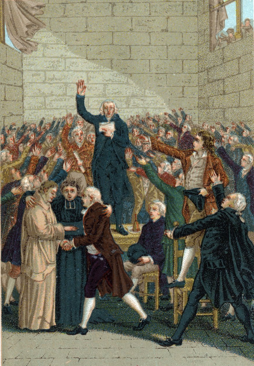 Francia forradalom (1789-1799). A Jeu de Paume esküje Versailles-ban 1789. június 20-án Jean Sylvain Bailly (1736-1793) közepén. alkotó: French School