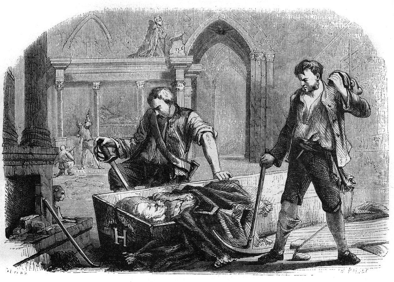 Francia forradalom (egyezmény): IV. Henrik király (1553-1610) koporsójának felnyitása a Saint Denis-templom királyi sírjainak meggyalázása során 1793-ban. Metszet 1860-ból. alkotó: French School