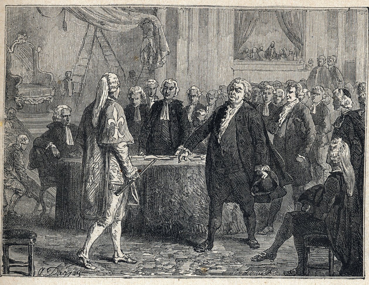 Francia forradalom – Közgyűlés 1789.06.23-án: Honore Gabriel (Honore-Gabriel) Riqueti, Mirabeau grófja (1749-1791) Henri Evrard-hoz (Henri-Evrard), Dreux Breze (Dreux-Breze) márkihoz (1762-) fordul. 1829). Metszet 1889-ből. Magángyűjtemény. alkotó: French School