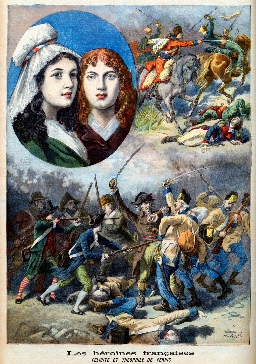 Francia forradalom – A francia hősnők: Felicite (1770-1841) és Theophile (1875-1819) Fernig nővérei, akik férfinak öltözve harcoltak az osztrákok ellen, hogy nézzék apjukat 1792-ben - illusztráció az augusztus 7-i „Le Petit Journal”-ból 1894 alkotó: French School