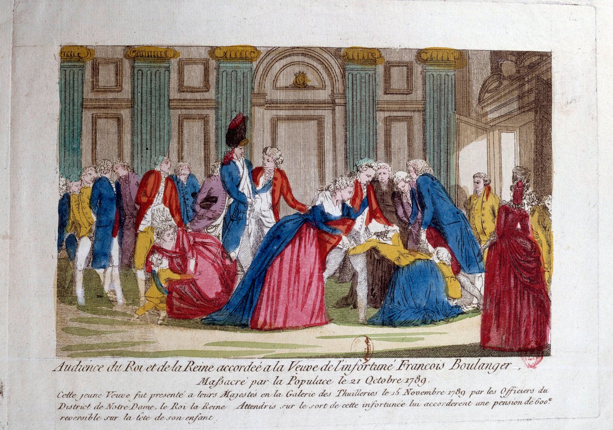 Francia forradalom: „” XVI. Lajos és Marie Antoinette közönsége 1789.11.15-én Francois Boulanger mészárlás özvegyének adományozta a lakosság 1789.10.21-én”” Metszet a 18. századról. Párizs, az Arzenál könyvtára alkotó: French School