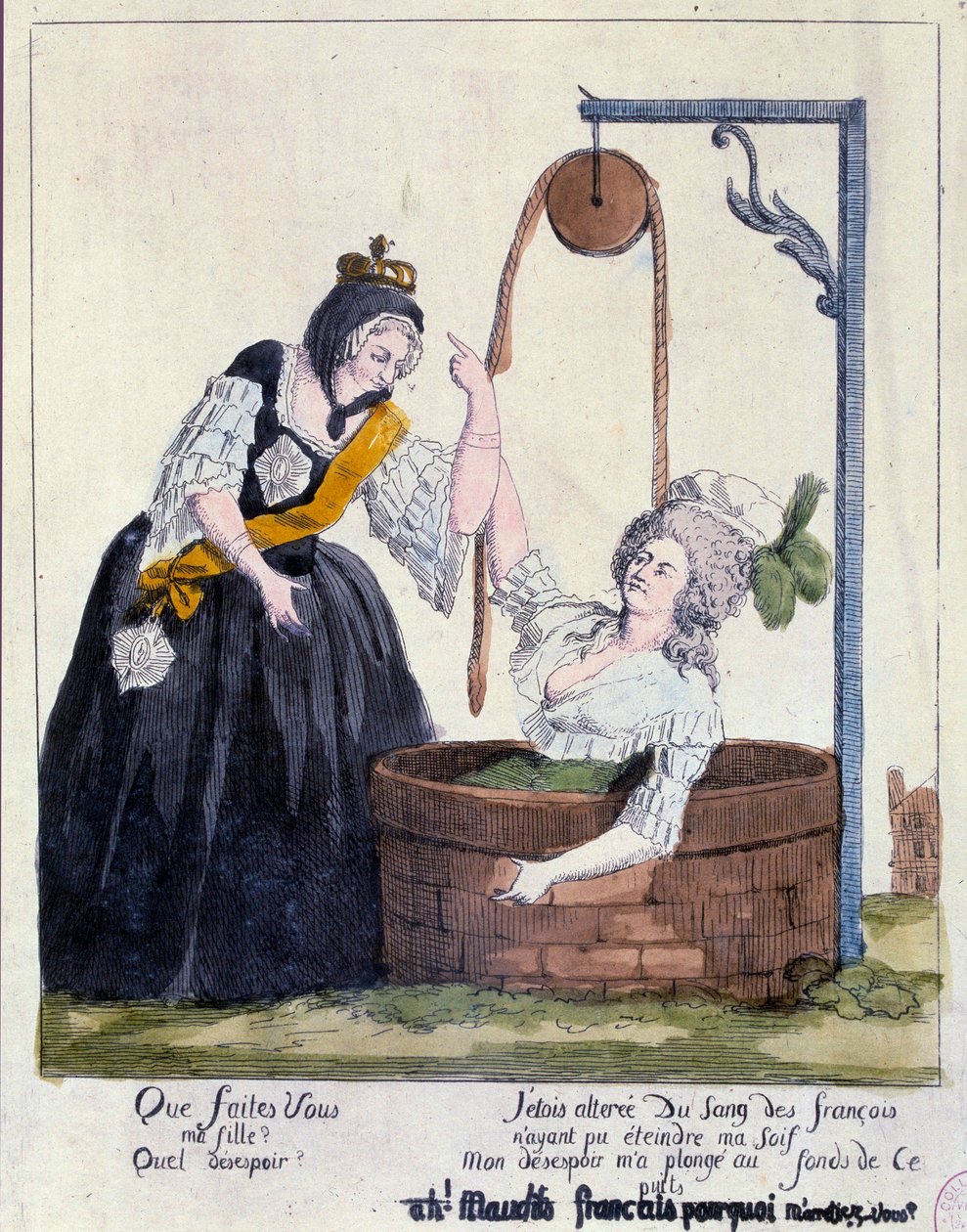 Francia forradalom: A Marie Antoinette királynő (1755-1793) elleni rajzfilm egy kút fenekére esett, mert francia vér után akarta oltani szomját. 18. század. Paris, B.N. alkotó: French School