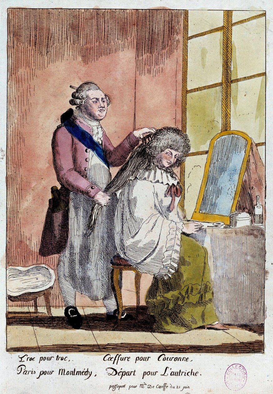 Francia forradalom: A királyi család Varenne-ba való menekülése 1791. június 20-án és 21-én: Lajos király XVI stílusú Marie Antoinette királynőnek a Korff bárónő gyermekei nevelőnőjének hamis útlevelével kellett volna távoznia. Anonymus colou alkotó: French School