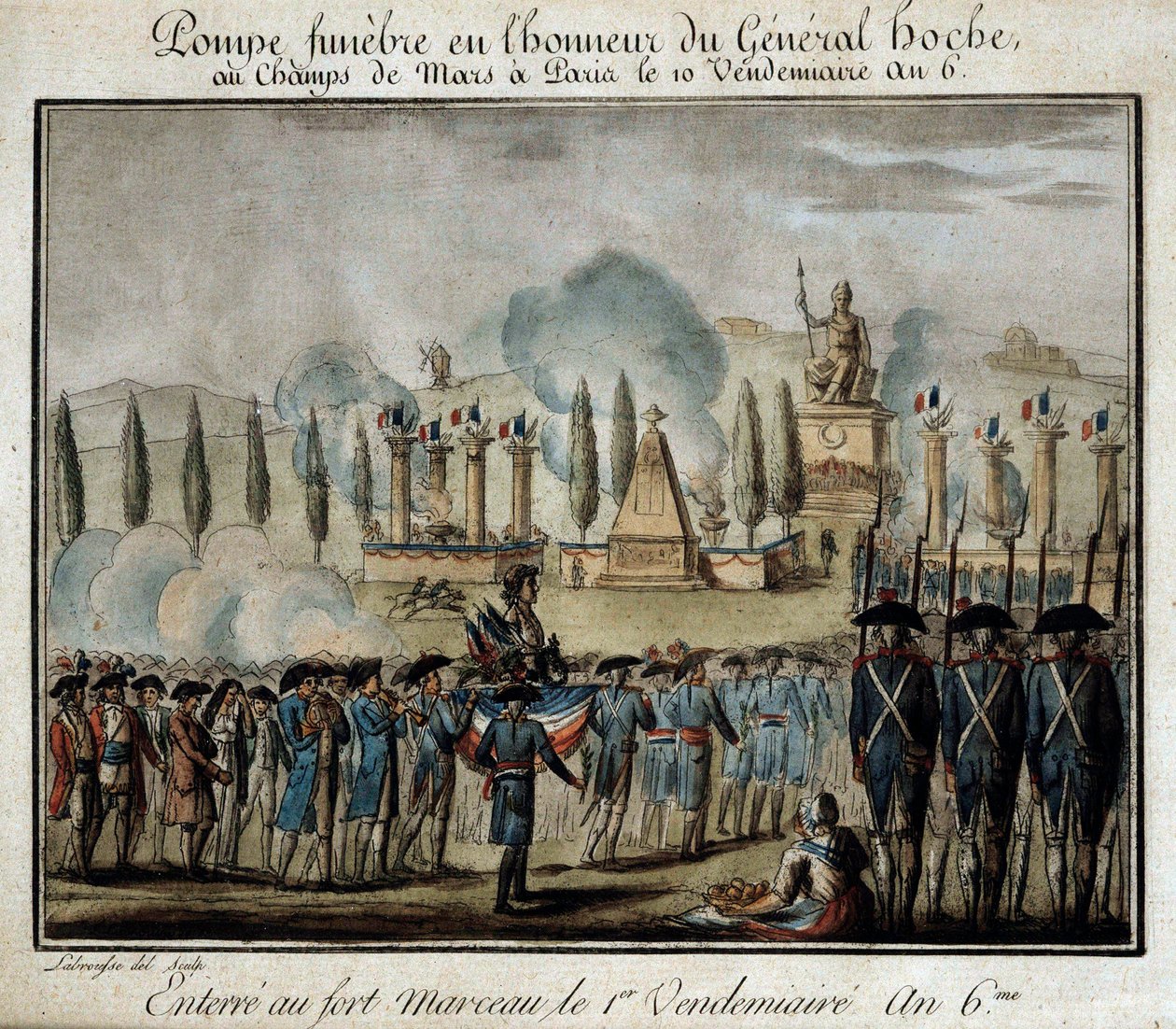 Francia forradalom: „” Funebre pumpa ceremóniája Lazare Hoche tábornok (1768-1797) tiszteletére a párizsi Champs de Mars-on 6. év péntek 10-én” 1797. metszet. Versailles, Lambinet múzeum alkotó: French School