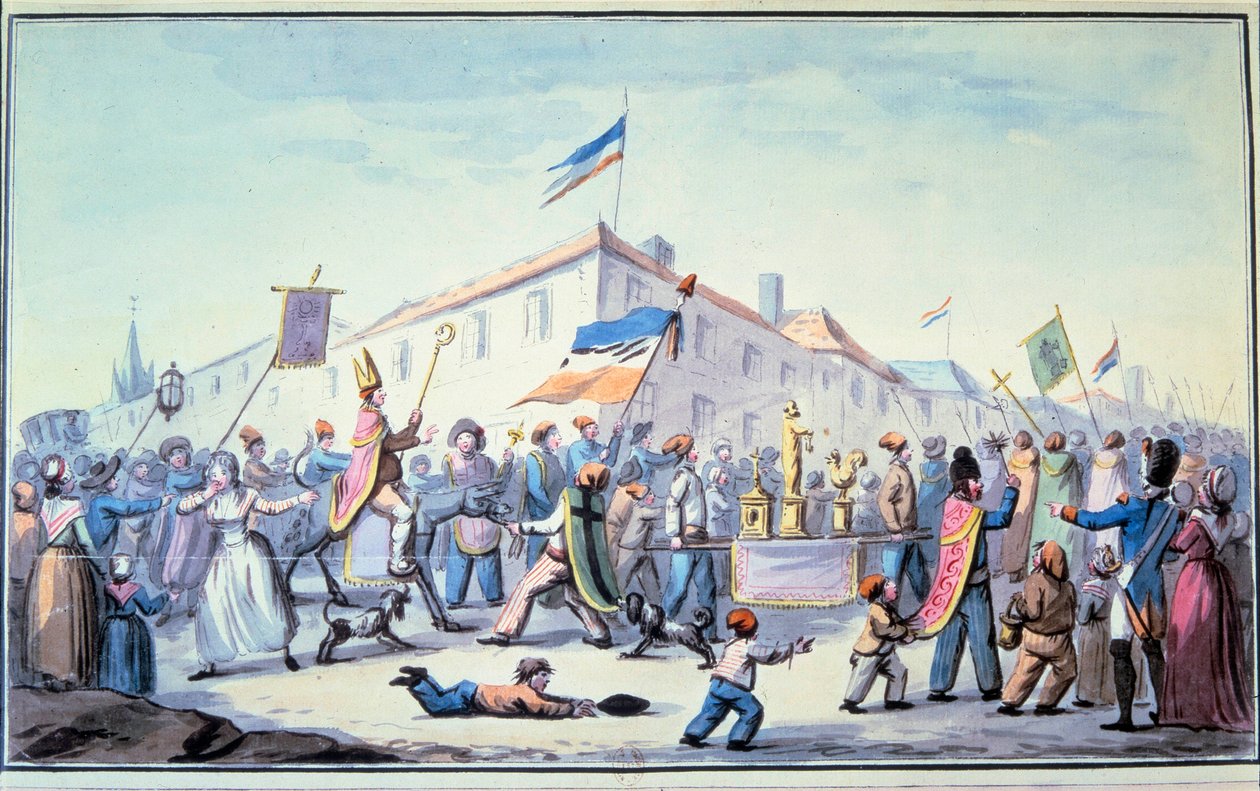 Francia forradalom: „A megalakult nép maszlaga papi ruhába öltözött””. Névtelen akvarell. 1793. Párizs, L