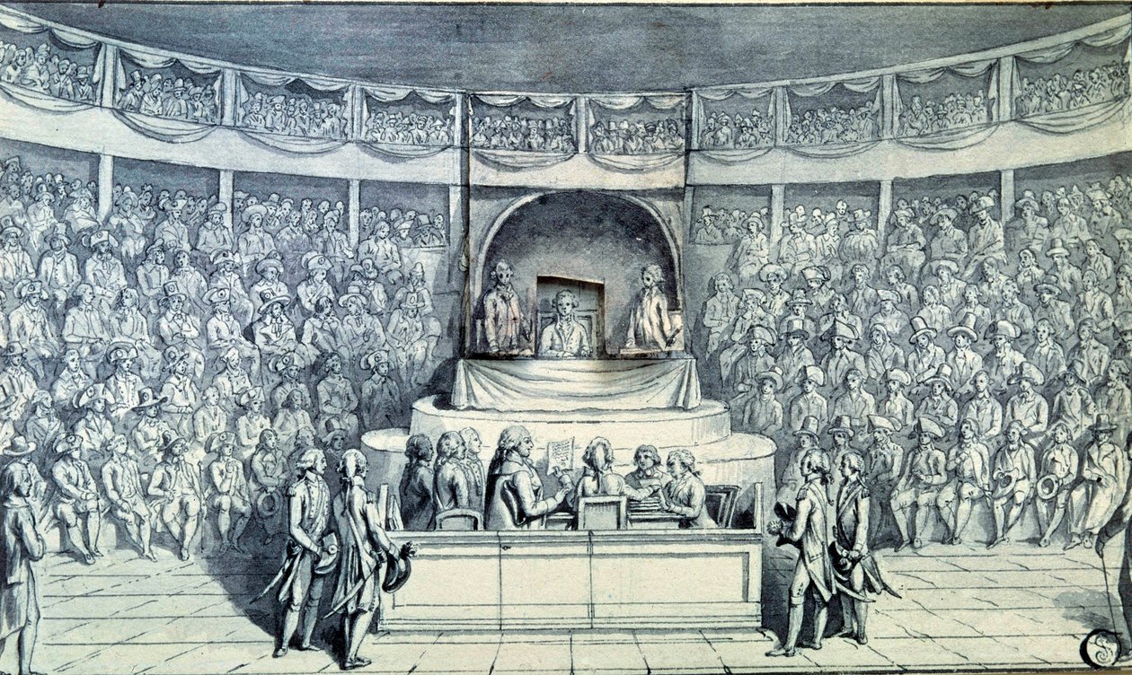 Francia forradalom: Az élen álló XVI. Lajos királyt (1754-1793) Antoine Barnave (1761-1793) kihallgatja a Nemzeti Konvent előtti tárgyalása során, amely 1793. január 21-én dönt a halálos ítéletéről. Névtelen rajz 1793 körül. Párizs, Louvre Múzeum alkotó: French School