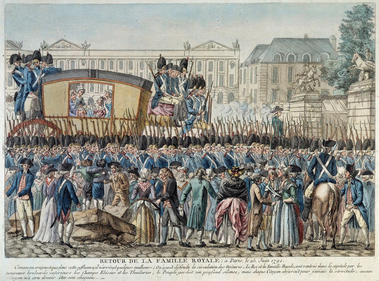 Francia forradalom: "A királyi család visszatérése Párizsba 1791. június 25-én" A menet áthalad a Place de la Concorde-on. A 18. század végi francia iskola metszete. Párizsi Musée Carnavalet alkotó: French School