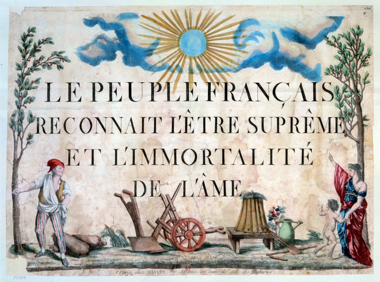 Francia forradalom: „A francia nép elismeri a lélek legfelsőbb lényt és halhatatlanságát.” Un sans-panlotte, un arbre de la Liberte, des outils agricoles. 1794. Párizs. Az Arzenál könyvtára alkotó: French School