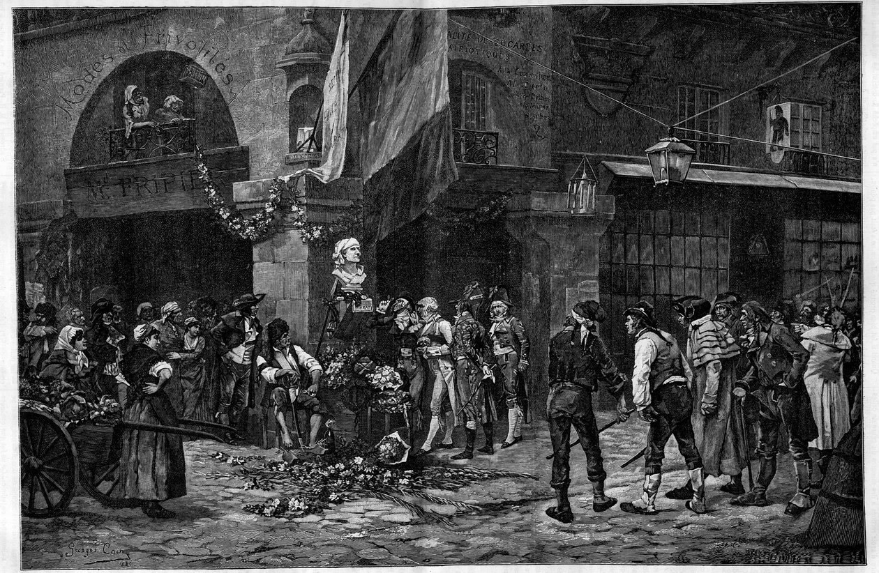 Francia forradalom: „Marat mellszobra a Halles oszlopánál”. Jean Paul Marat (1743-1793) előtt tisztelegve mellszobrát halála után helyezték el a Halles de Paris-ban. Gravírozás Georges Jules Auguste Cain (1856-1919) festménye után a „The Il”-ben alkotó: French School