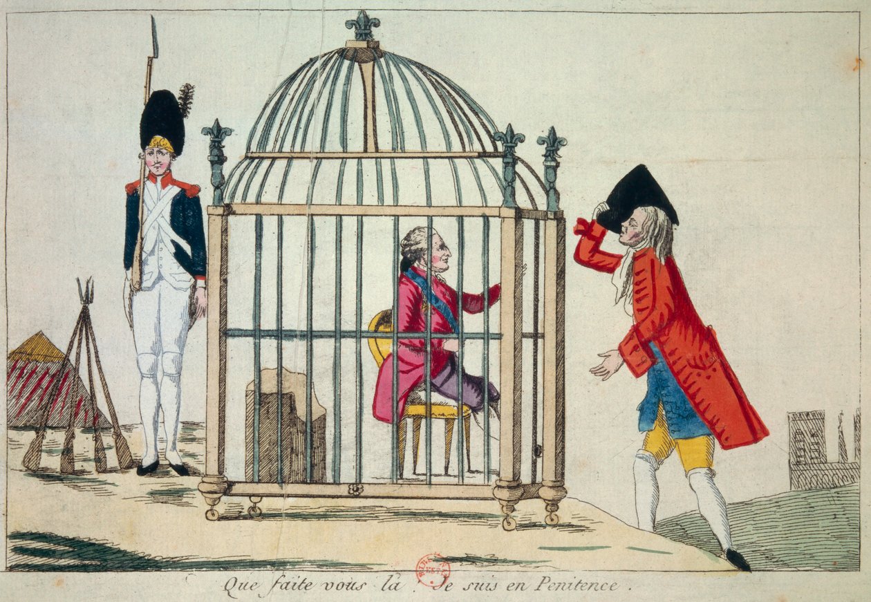 Francia forradalom: „Mit csinálsz, bűnbánatot tartok” XVI. Lajos király (1754-1793) ábrázolja ketrecben 1791. júniusi varennes-i repülésének előestéjén. Szatirikus metszet Párizs, Arzenál könyvtára alkotó: French School