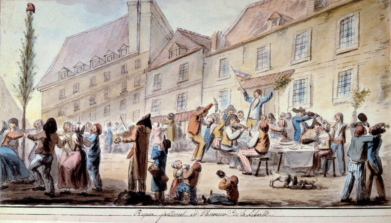 Francia forradalom: testvéri étkezés a szabadság tiszteletére 1793 júniusában. Hazafiak és párizsiak ünnepelték a Libertét. Ebben az időszakban jelent meg először a „Szabadság, egyenlőség, testvériség” mottó. Akvarell 1793-ból. Párizs, Arzenál könyvtára alkotó: French School