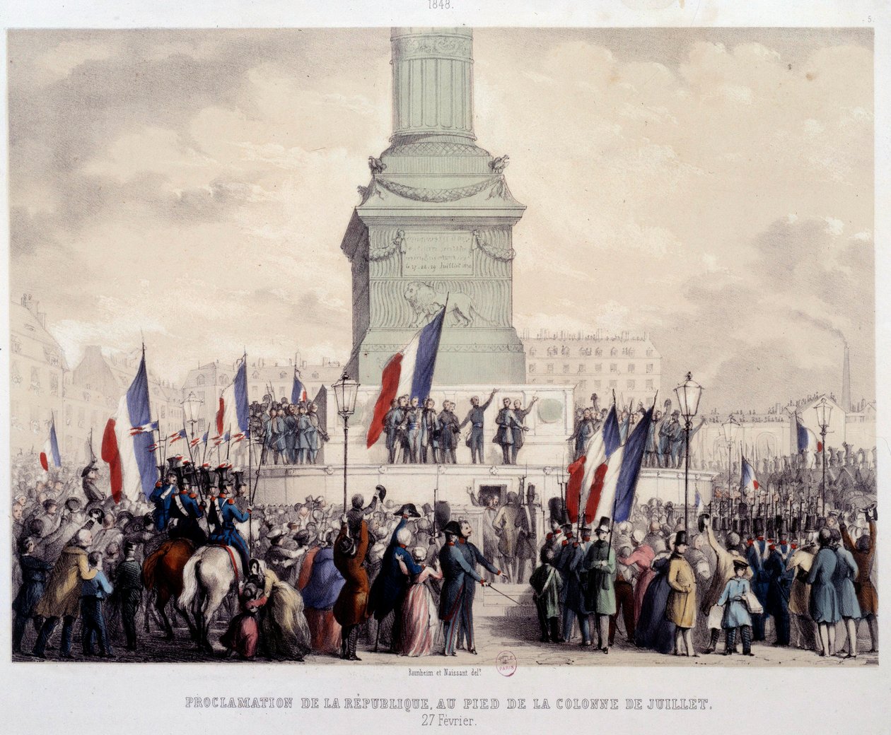 Az 1848-as francia forradalom: a második köztársaság kikiáltása a Place de la Bastille-on felállított júliusi oszlop tövében, 1848. február 25-én. 19. századi litográfia. Párizs, Musee Carnavalet alkotó: French School