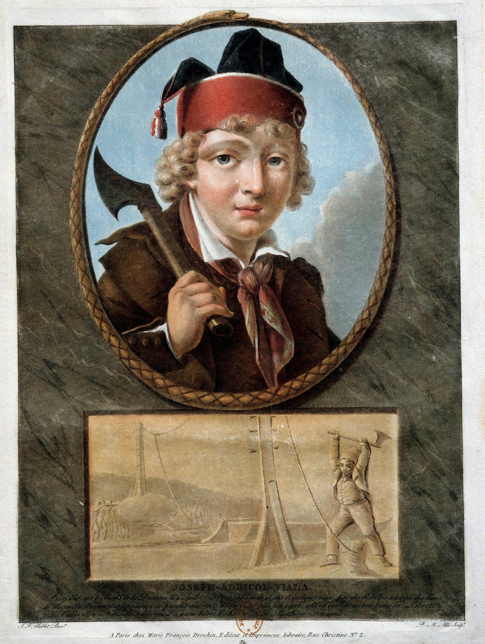 Francia forradalom: a fiatal Joseph Agricol Viala (1780-1793) portréja, aki részt vett az 1793-as marseille-i felkelésben. Őt ábrázolják a földszinten, amint elvágja a de la Durance ponton kábeleit, hogy megakadályozza a királypártiak áthaladását. 18. száz alkotó: French School