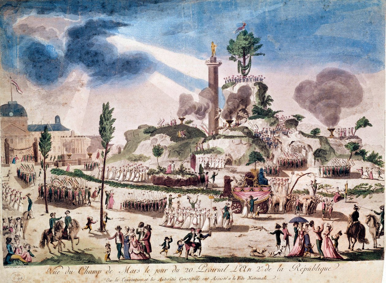 Francia forradalom: A Legfelsőbb Lény ünnepe a Champs de Marson 1794.06.08-án (20 Prairial An II). 18. századi névtelen metszet. alkotó: French School