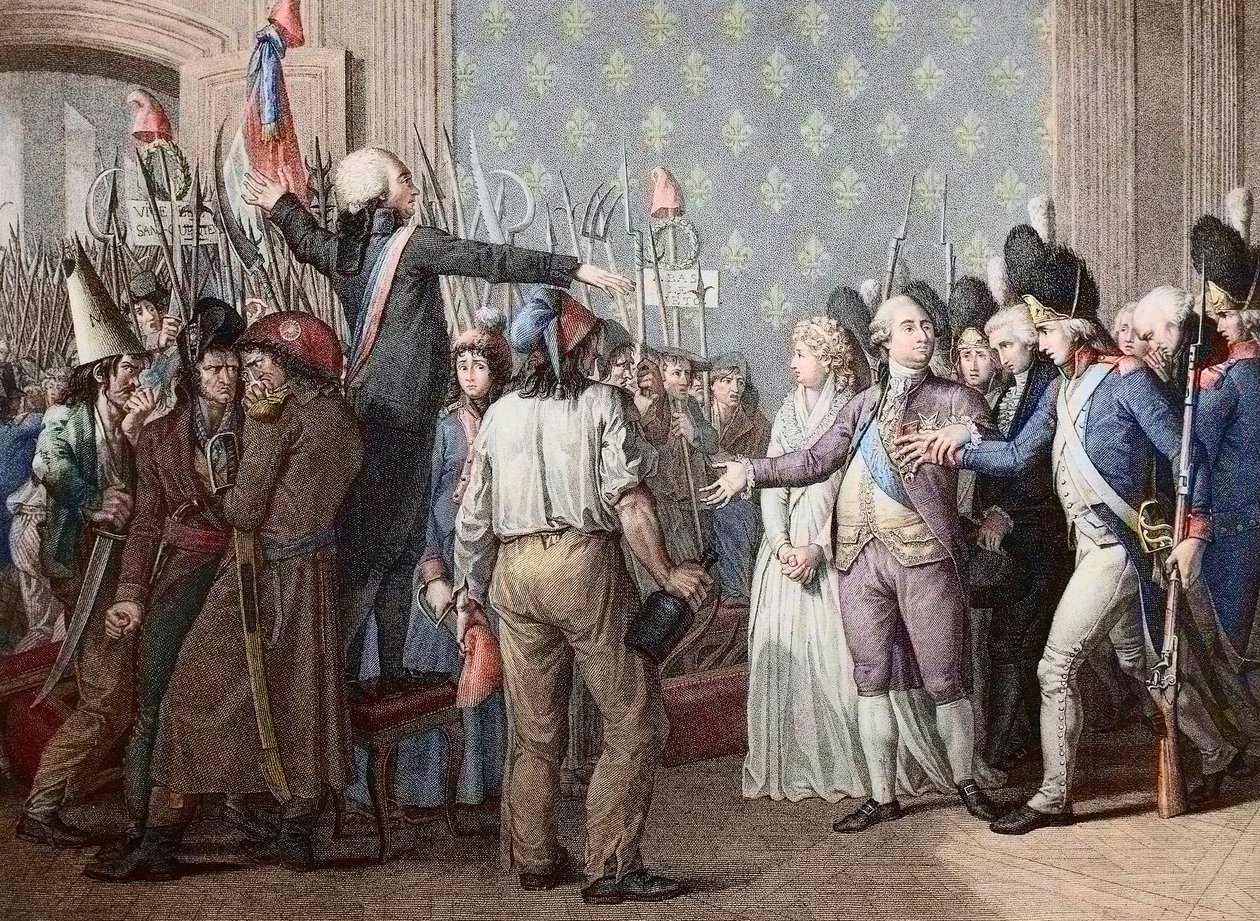Francia forradalom: menet a Tuileriákon, 1792. június 20. – Francia forradalom – Támadás a Palais des Tuileries ellen, 1792. június 20. – 1792. június 20. a Chateau des Tuileries-ban. XVI. Lajos király bemutatkozik a nép előtt és felmelegíti a vörös c alkotó: French School