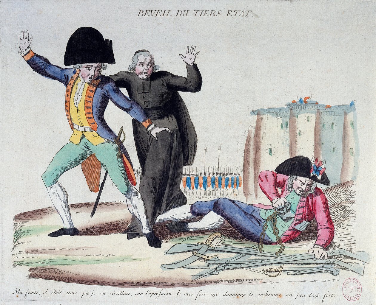 Francia forradalom: a harmadik állam ébredése (Harmadik állam). Karikatúra a három rendről. A hadsereg és a papság rémült szemei alatt szabadult meg láncaitól. Francia metszet 1789-ből. Párizs, B.N. alkotó: French School