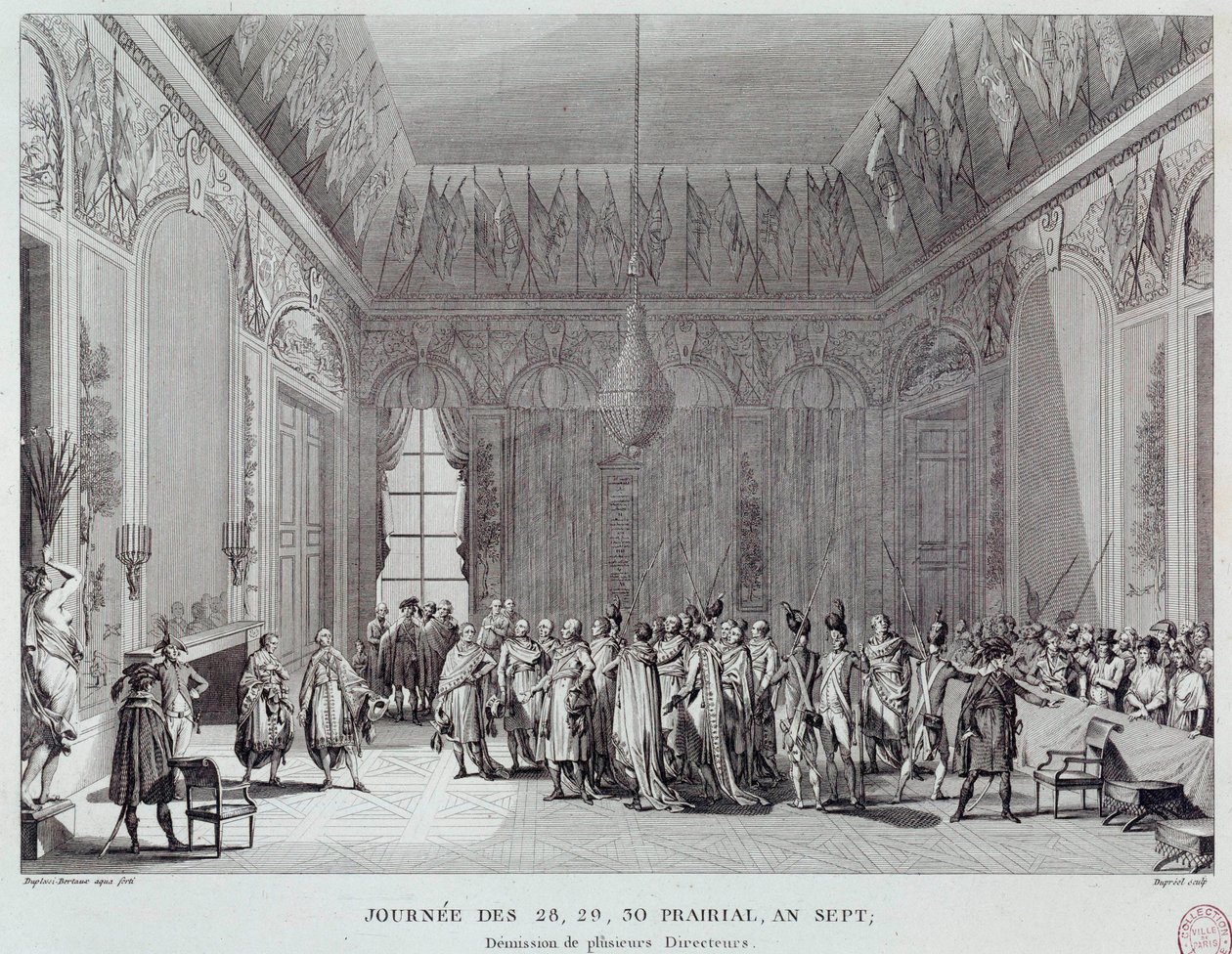 Francia forradalom: a VII. év 28., 29. és 30. napja, amely 1799. június 18-án Emmanuel-Joseph Sieyes abbé (1748-1836) puccsához (vagy a zsinatok bosszújához) vezetett. és több Thermidori rendező távozását látta. Metszet o alkotó: French School