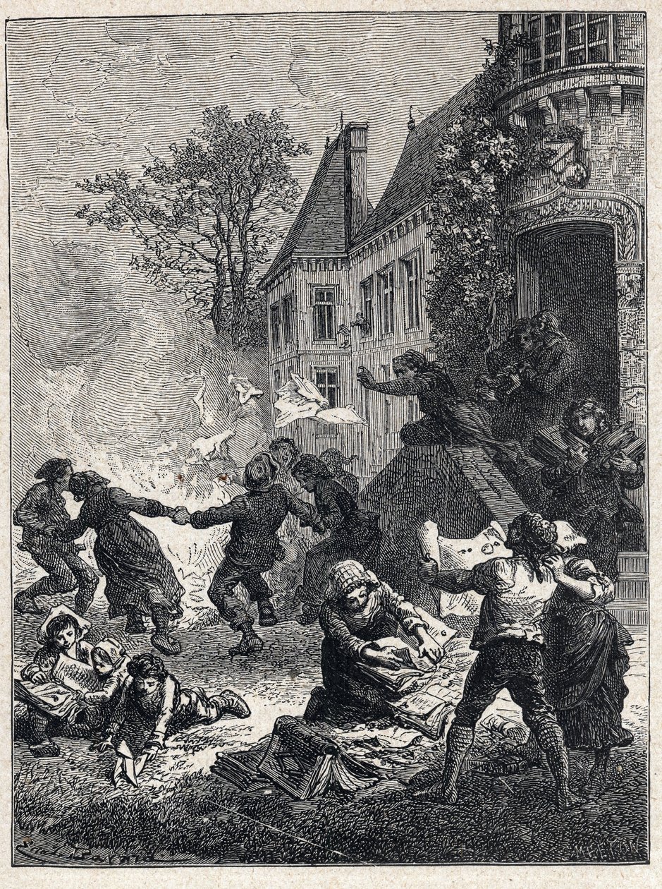 Francia forradalom: a parasztok elégették feodális címeiket és a tűz körül táncoltak, hogy megünnepeljék az 1789. augusztusi kiváltságok eltörlését. Metszet 1889-ből. Magángyűjtemény. alkotó: French School